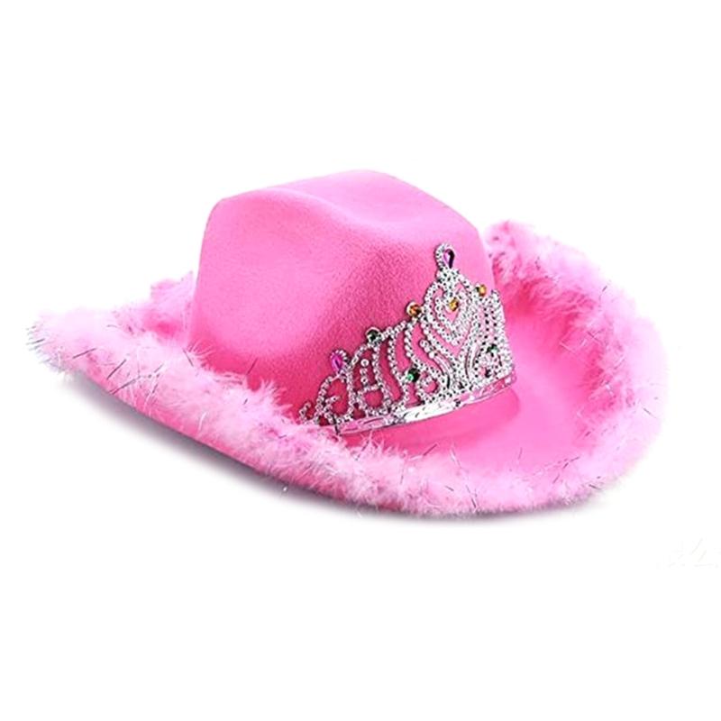 Feather Tinsel Brim Cowboy Hat for Women Western Cowboy Hat Church Hat Model Show Cowboy Hat Rhinestones Crown Hat