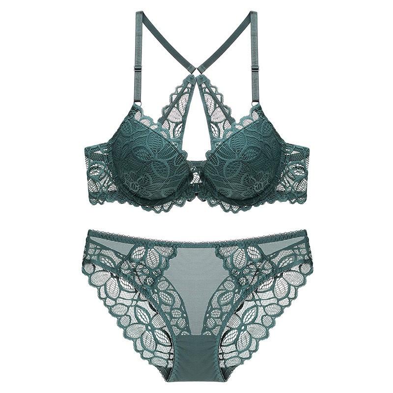 Lace Front Bra Set Small Bust With Push-Up Support Backless Design 3/4 Cup Adjustable Straps