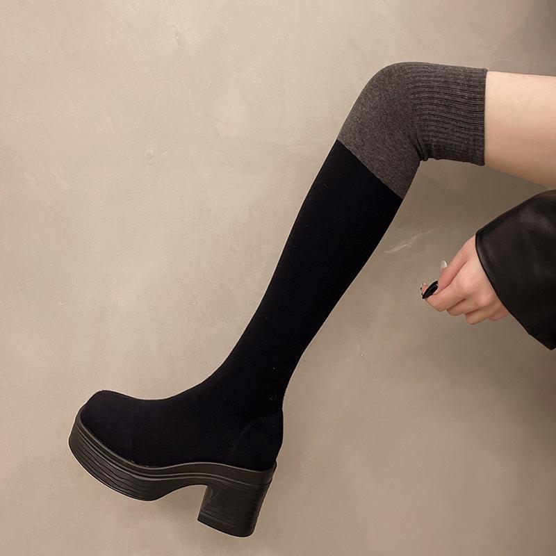 Aphixta Weiches Stoff Damen Kniehohe Stiefel 8cm Quadratischer Absatz Damen Schwarze Schuhe Runde Zehenpartie Moderne Stiefel für Damen Größe 42