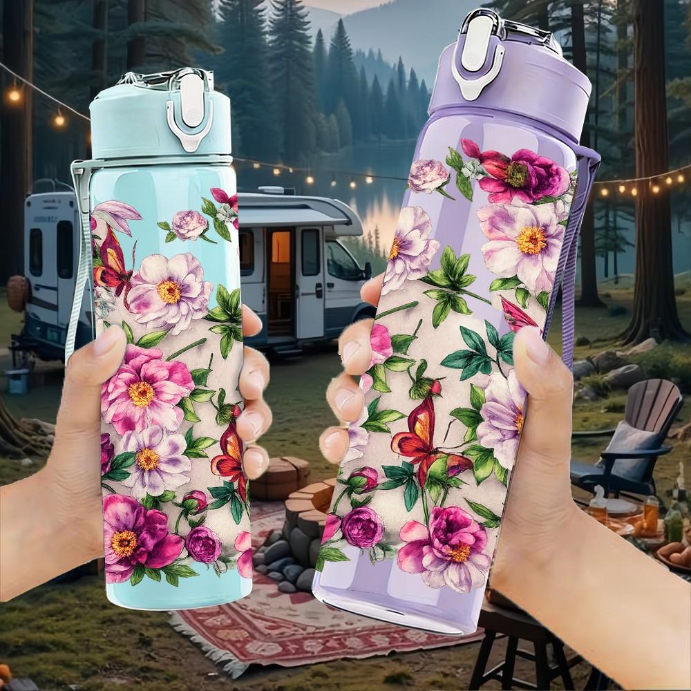 1PC Mixed Pink Peony Flower Bouquet Print 750ml Color Plastic Sports Water Bottle Leakproof Flip Straw Lid Suitable for Sports Office Home Use
