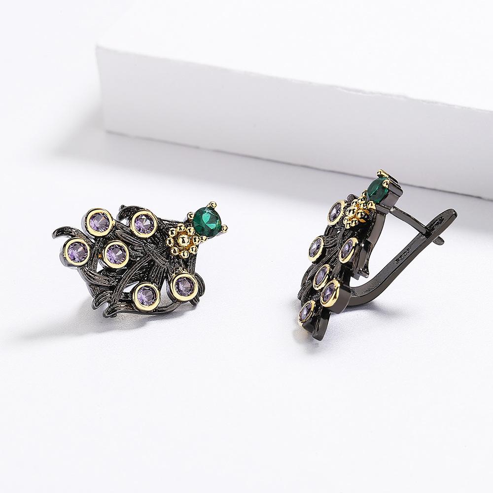 Purple Zircon Flower Earrings Womens Elegant Classic Black and Gold Earrings