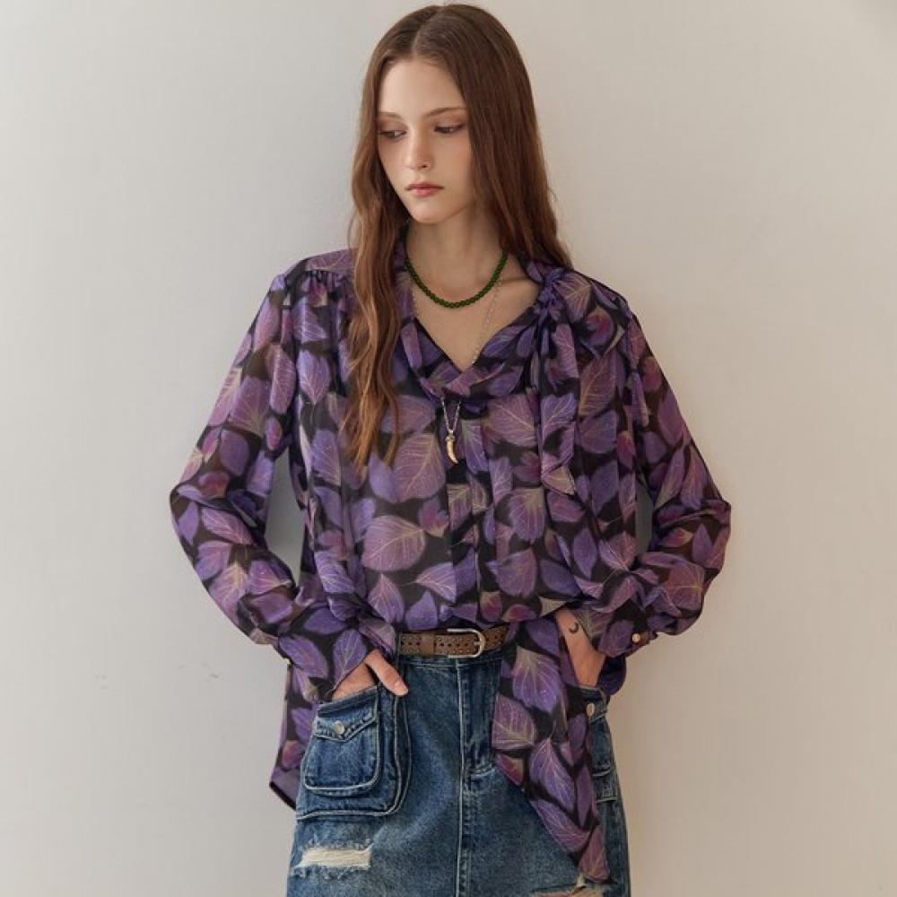

Maxza Leaf Pattern Ribbon Tie Chiffon Blouse Ze10qb008nh violet/FREE
