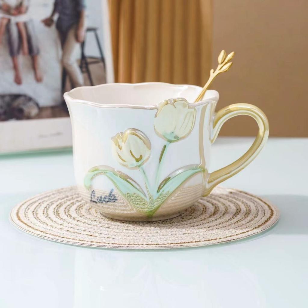 Tulip Ceramic Cup Exquisite Three-dimensional Relief Household Girl's High-Looking Coffee Cup Mug