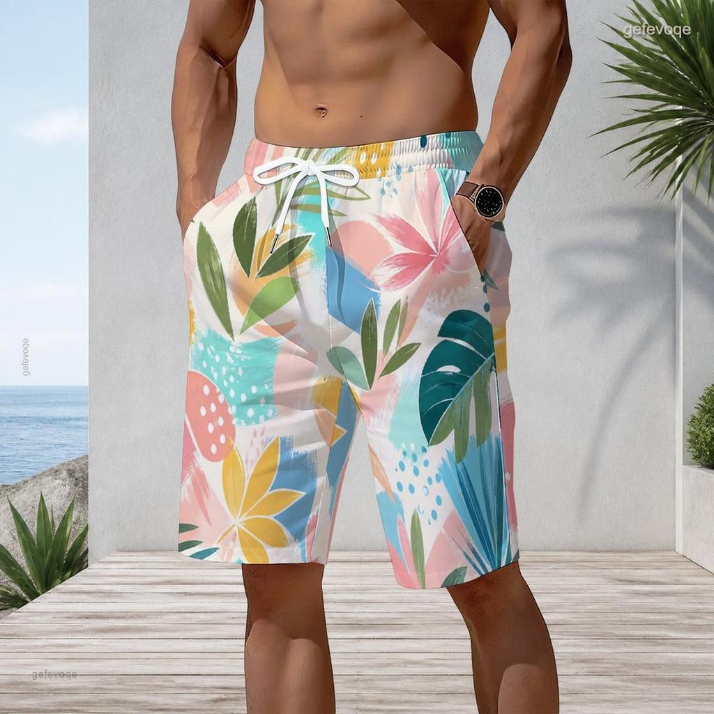 Men Plus Size Abstract Art Print Beach Shorts Quick Dry Drawstring Casual Swim Trunks With Pockets For Summer Surfing Vacation