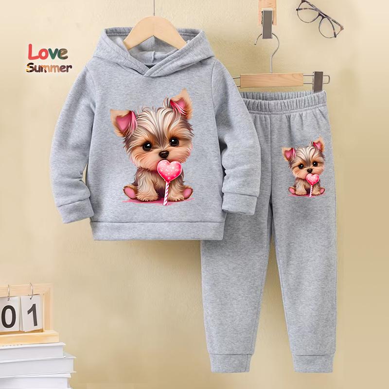 Girls Autumn And Winter Hoodies hoodie pant 2pcs cute Dog Prints Lined With Warm Fleece Paired With Sports Pants Tracksuit