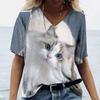 Summer V-neck 3D Kawaii Cat Printed Top Fashionable Casual Short Sleeved Women's T-shirts