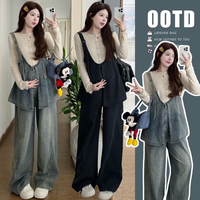 Early Spring Maternity Denim Overalls & Knit Top Set - Trendy, Loose-Fit, Retro Style for Moms 2XL