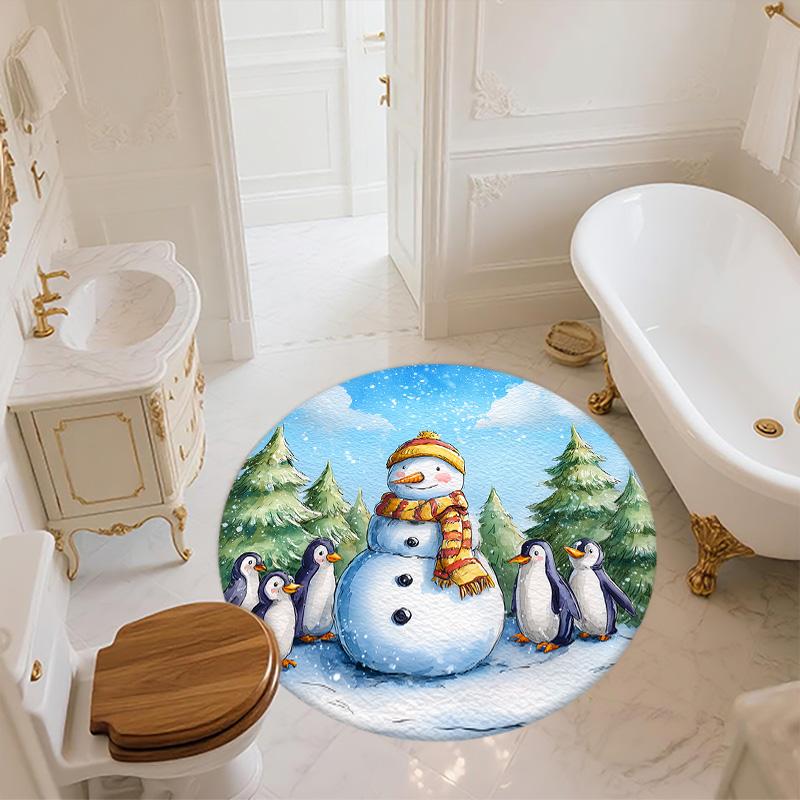 Snowy Day Penguin,Round Area Rug,Carpet Rug for Living Room Bedroom Sofa Playroom Decor,Non-slip Floor Mat
