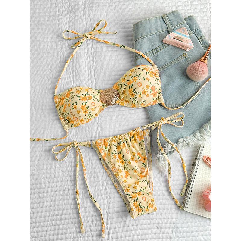 

Женский раздельный купальник бикини из двух частей, летний, на бретелях, со шнуровкой, с цветочным принтом, купальник для пляжного отдыха, купальные костюмы L жёлтый