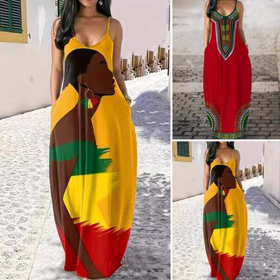Sommer Damen Trägerkleid Retro Kontrastfarbe Bedruckt Übergroß V-Ausschnitt Ärmellos Rückenfrei Bohemian Stil A-Linie Knöchellang Urlaub Maxikleid