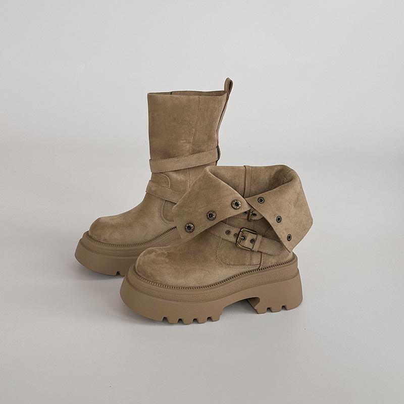 Vintage Maillard Boots Women's Autumn and Winter Design Sense Thick-soled Versatile Two Wear Belt Buckle Medium Boots Martin Boots Short Boots