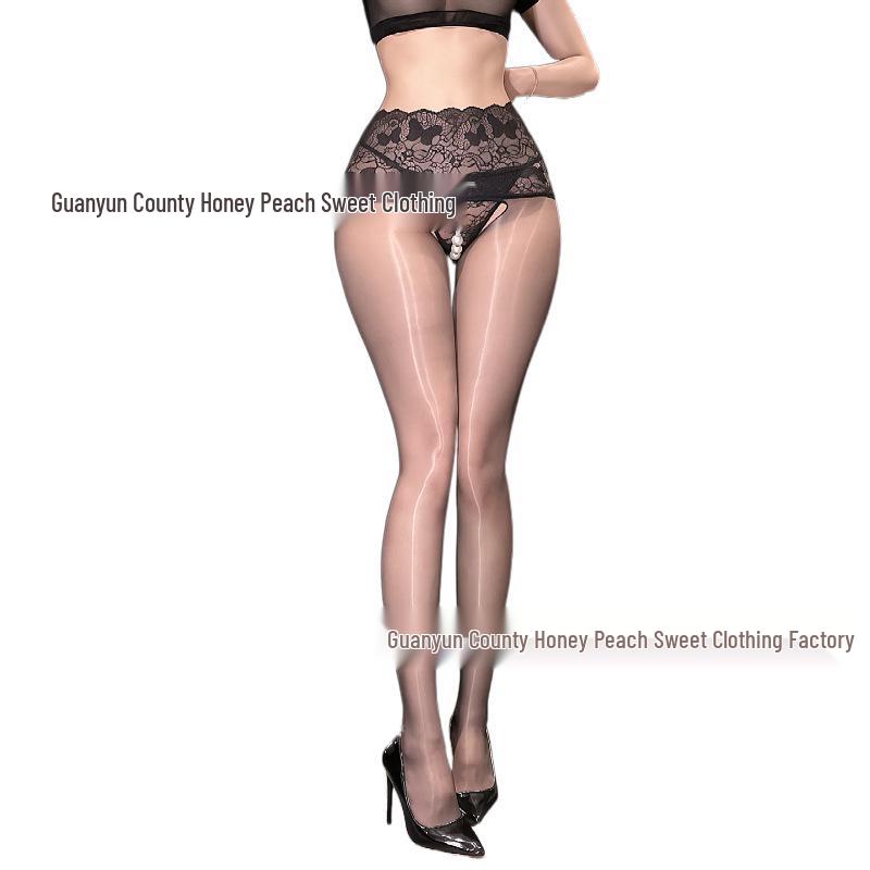 Shiny Black Pearl Lingerie Bodysuit with Lace Waist, See-Through Design, and Open Crotch.