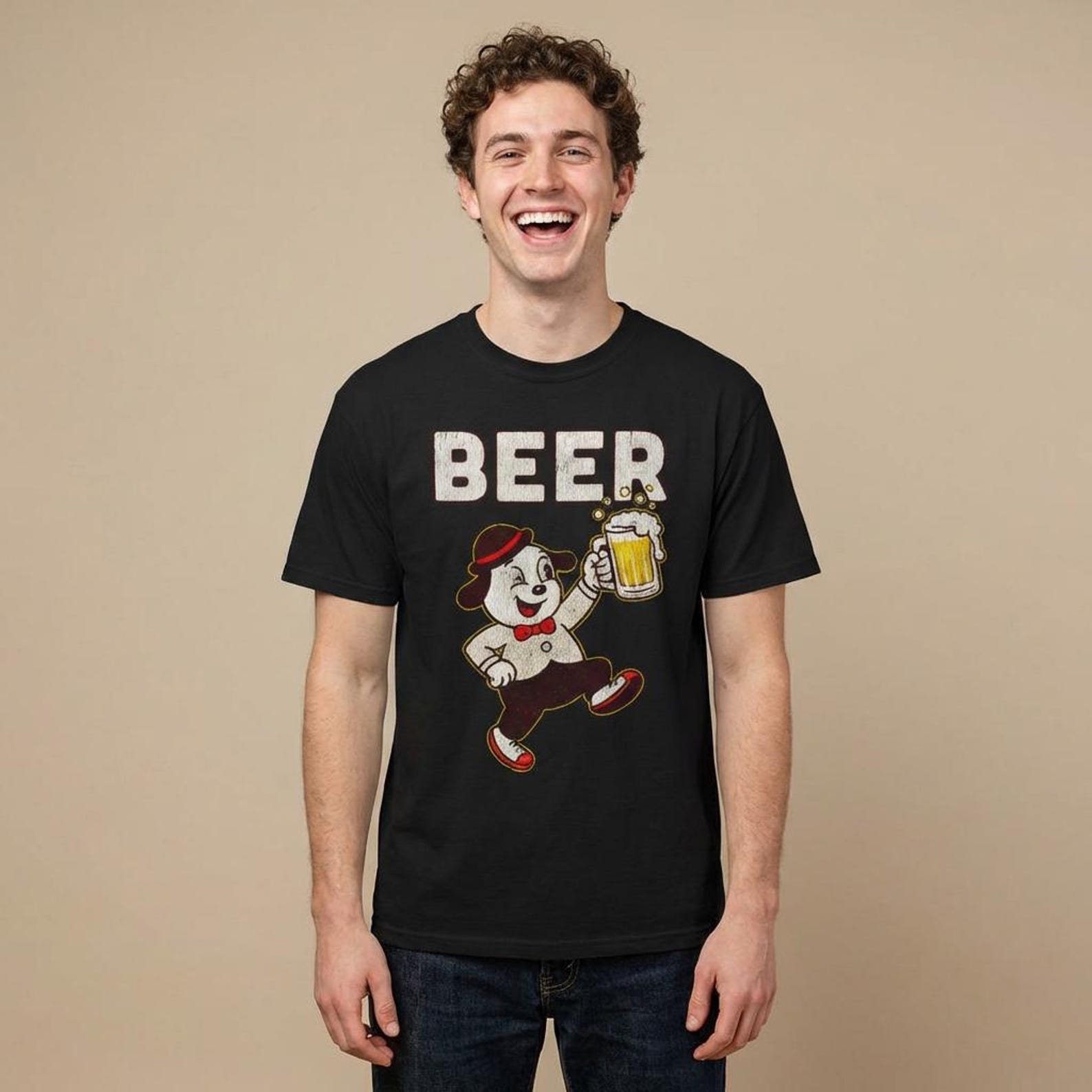 Retro Beer Mascot Vintage Graphic T-Shirt S