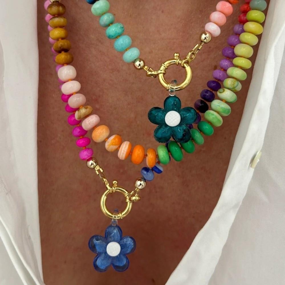 Colorful Rainbow Beaded Necklace Bohemian Choker Necklace New Flower Pendant Necklace  Jewelry