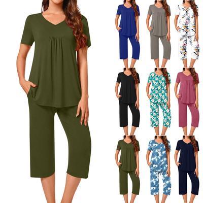 Womens Summer Pajama Sets Pleated Sleepwear Ladies Short Sleeve Nightwear Three-quarter Pants With Pockets