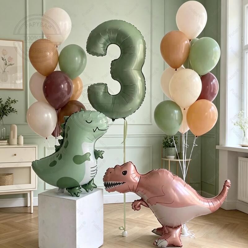 26pcs Tyrannosaurus Rex Cute Dinosaur Balloon Olive Green Number 1-9 Balloon Set Jurassic Theme Birthday Party Decoration