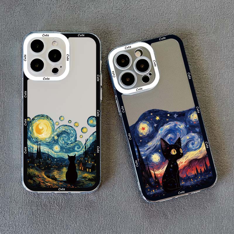 Coque de téléphone Chat Ciel Étoilé pour iPhone 13 12 Pro Max 15 14 Pro Max Plus 11 XR XS X 8 7 Plus SE 2020 Coque Arrière Souple Transparente Fundas