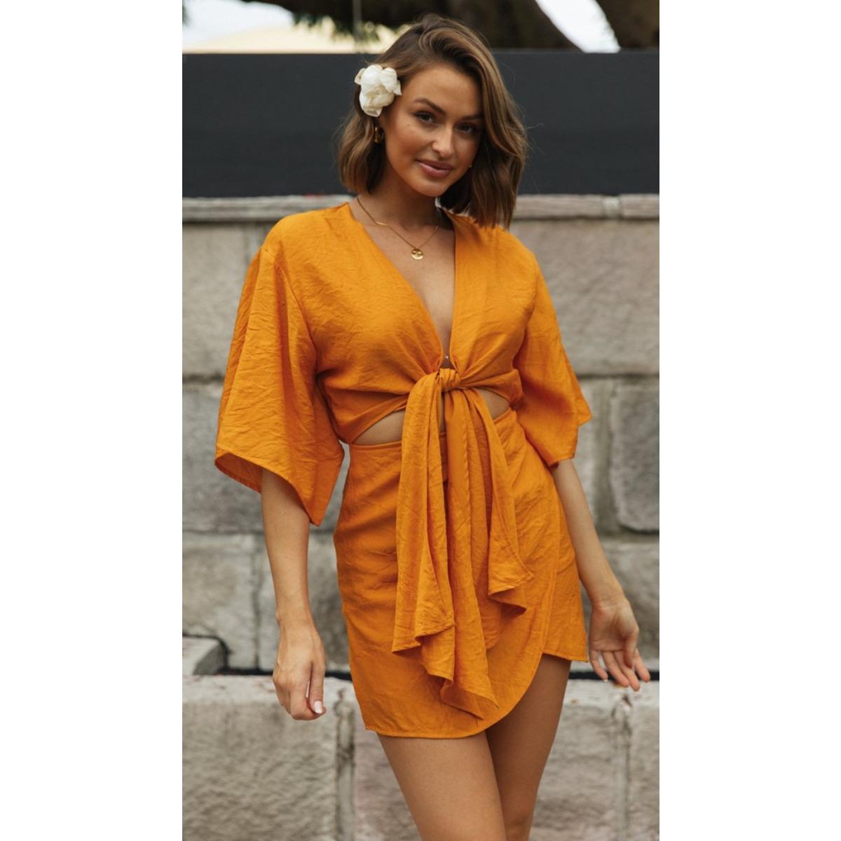Women s V Neck Short Sleeve Solid Color Tie Knot Cutout Mini Dress Casual Wrap Short Dress S оранжевый