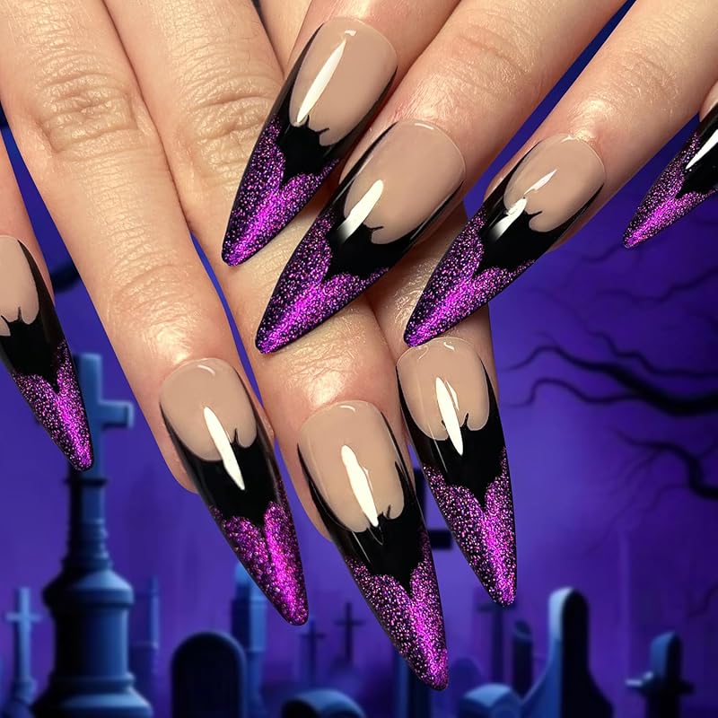 Halloween Press On Nails Medium Almond Fake Nails with Designs Bat Purple French Tip Glossy Glue On Nail 24 Pcs Natural Reusable Acrylic Nail for