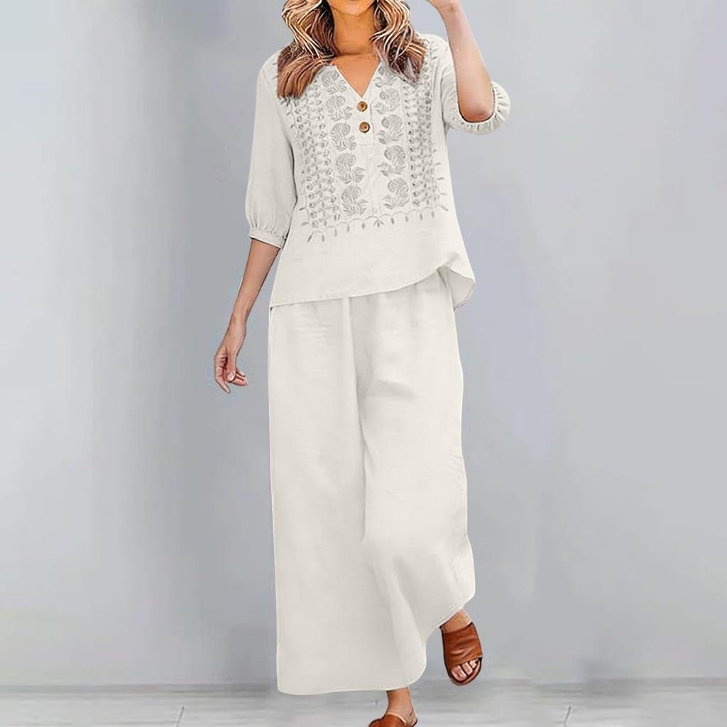 Damen Sommer 2-teiliges lässiges Leinen-Baumwoll-Outfit – Farblich besticktes Oberteil mit Dreiviertelärm und Cropped Hose, Leicht und atmungsaktiv