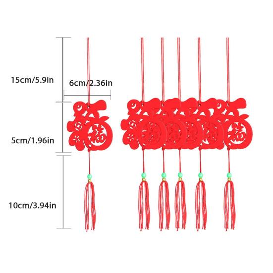 6Pcs Chinese New Year Pendant Red Felt Hanging Decor Paper-Cutting Spring Blessing Characters Tassels Pendant