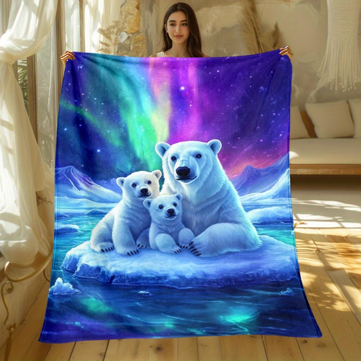 Polar Bear in the Northern Lights Pattern Flannel Blanket - Bed, Sofa, Office, Travel, Gift, Decoration, Chair, Comfortable 130x150cm