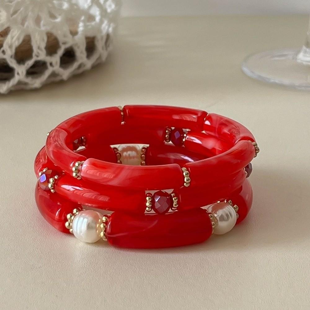 3Pcs/Set Multicolour Bamboo Pipe Bangles Geometric Cuff Bracelet Set New Beads Resin Bracelet Gifts красный