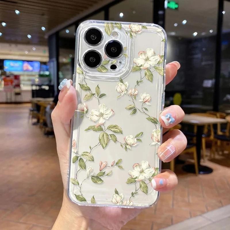 

Fresh Style White Green Floral Print Phone Case for iPhone 17 16 15 14 13 12 11 Series Pro Max Plus Double Layer Protection iphone 12 Pro