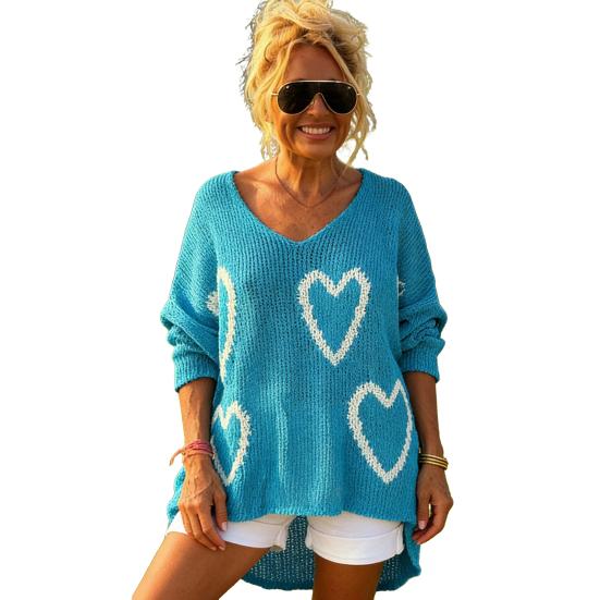 

Женский свитер с V-образным вырезом, длинным рукавом, узором в виде сердца, вязаный топ, свободный крой, стиль для поездок на работу, весна, осень, повседневный свитер M синий