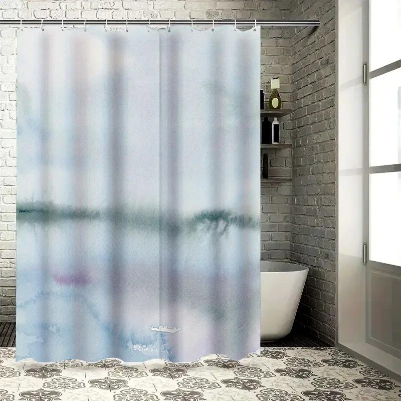Blurred Watercolor Print Shower Curtain for Bathroom Decor White/Blue/Green Colors 180cm Waterproof Fabric with Metal Hook Rings
