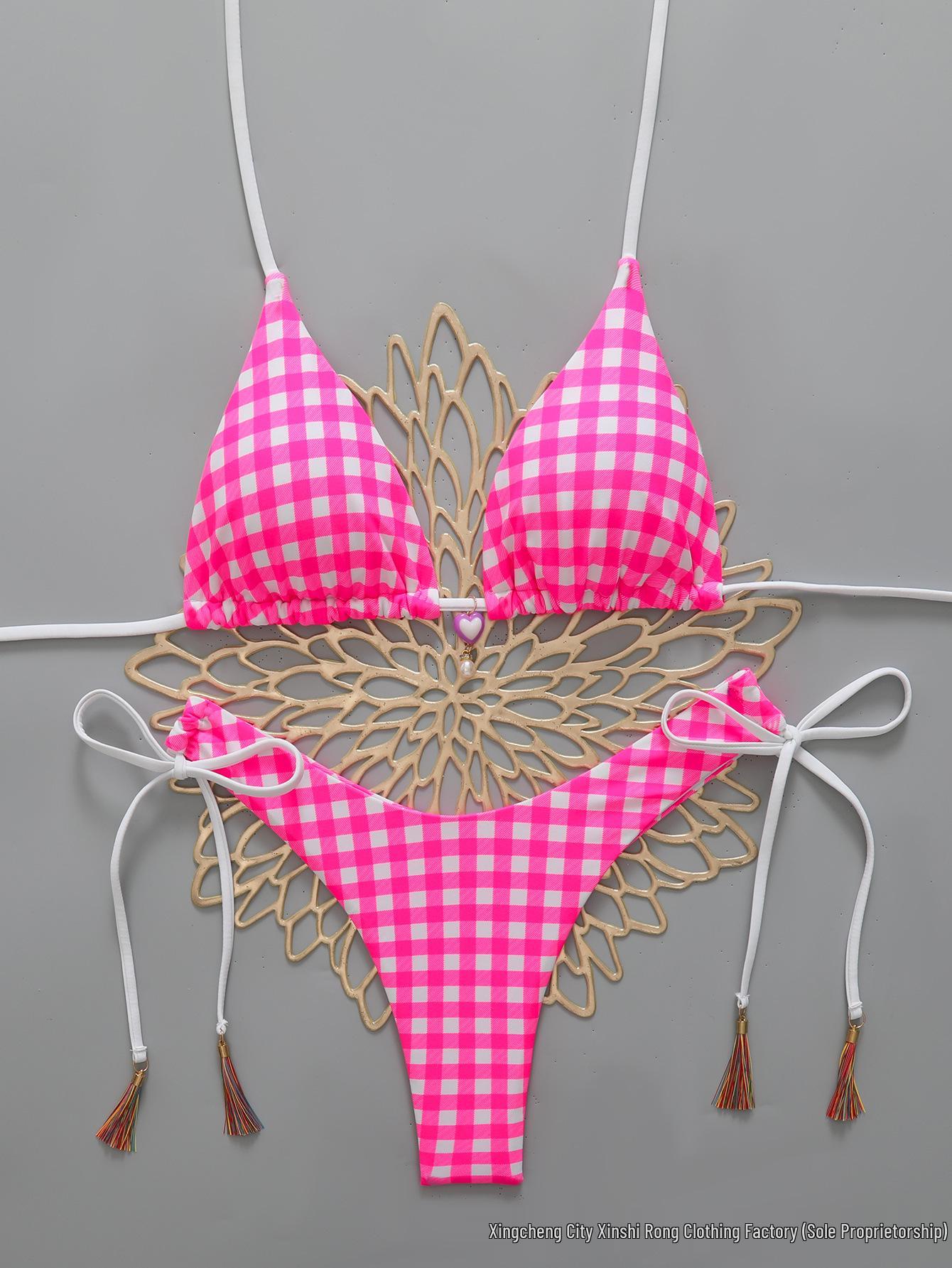 

2026 Sexy Plaid Print Two-Piece Bikini Set L троянди рожеві кольору