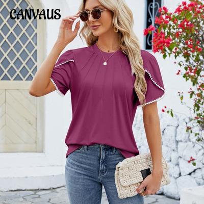 Summer Women's T-Shirt Solid Color Round Neck Pull Stripe Pearl Petal Sleeve Ruffled Short Sleeve Top