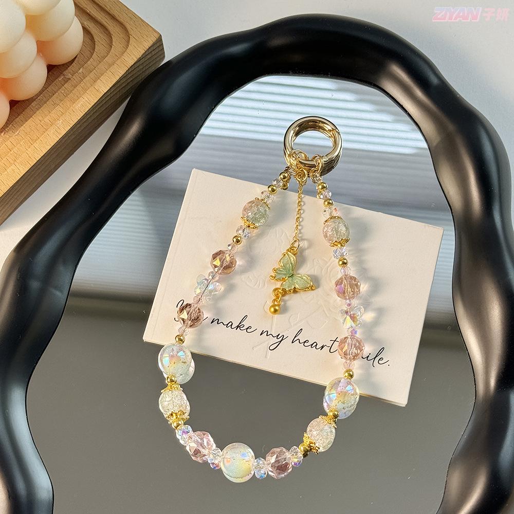 Light Luxury Crystal Mobile Phone Chain, Handmade Gold Foil Beaded Short Wrist Lanyard, Fashion Butterfly Pendant Phone Lanyard