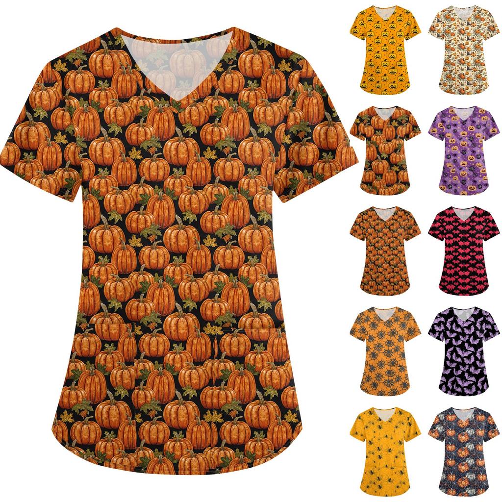 Women's Halloween Printed Loose V-Neck Pocket Short SleevUniform  Uniform