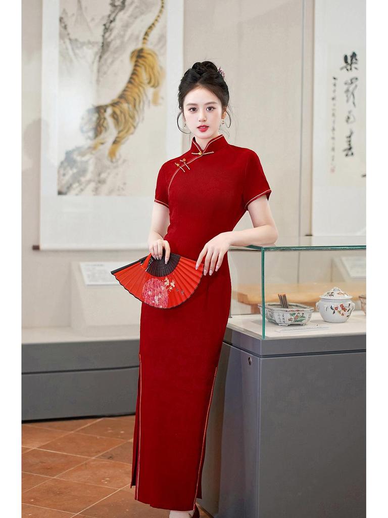 2025 Spring/Summer Red Cheongsam Long Dress - Chinese Style, Short Sleeve Performance Costume