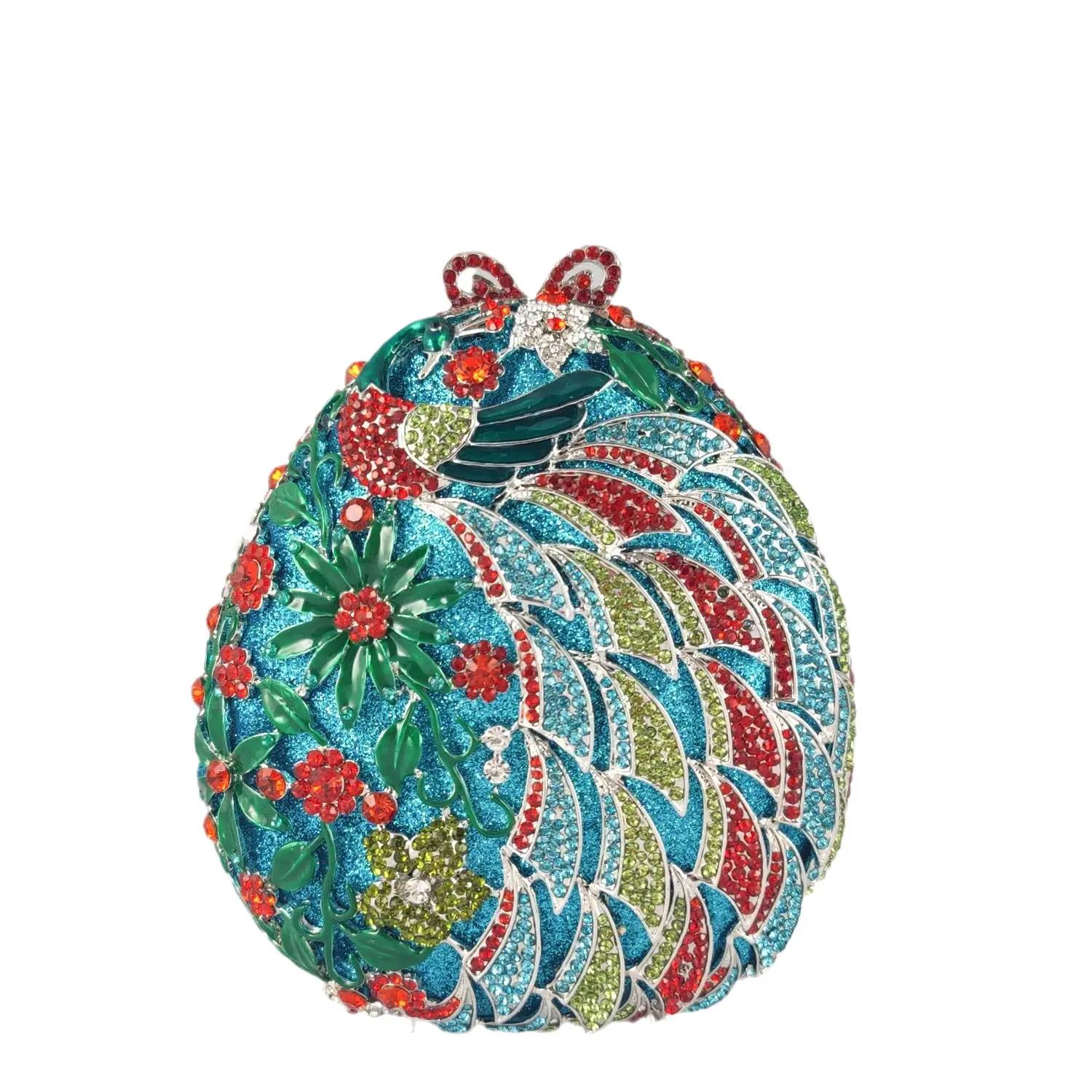 

Boutique De FGG Egg Shape Peacock Clutch Purse Women Crystal Evening Handbags Wedding Party Dinner Rhhinestone Minaudiere Bags Mini Size