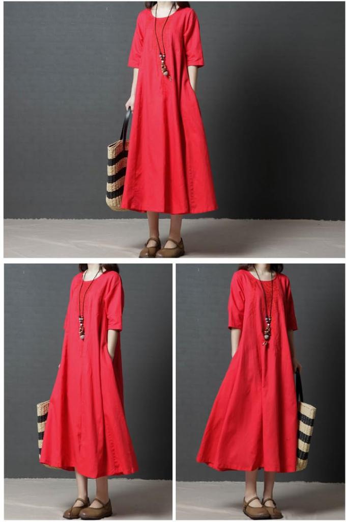 Summer Cotton Linen Short Loose Long Maxi Round 3 Sizes Slimming Solid Color [JINJUDUO] Women's Dress, Sleeve, A-Line Dress, Length, Neck, Casual,