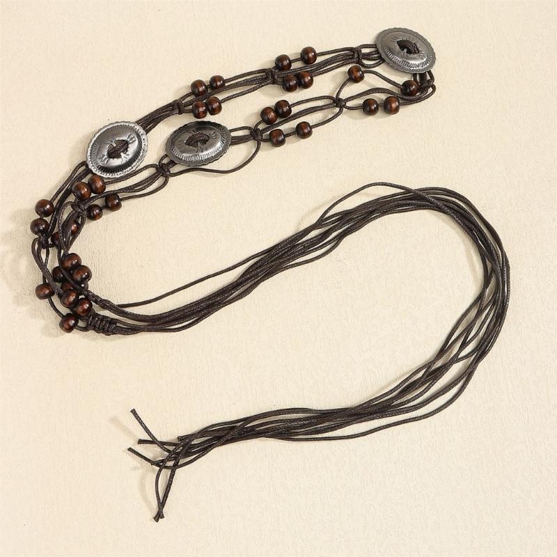 Braided Brown Beaded Belt Chain Unisex Body Jewelry For Layering Outfits Wax Rope Ethnic Style