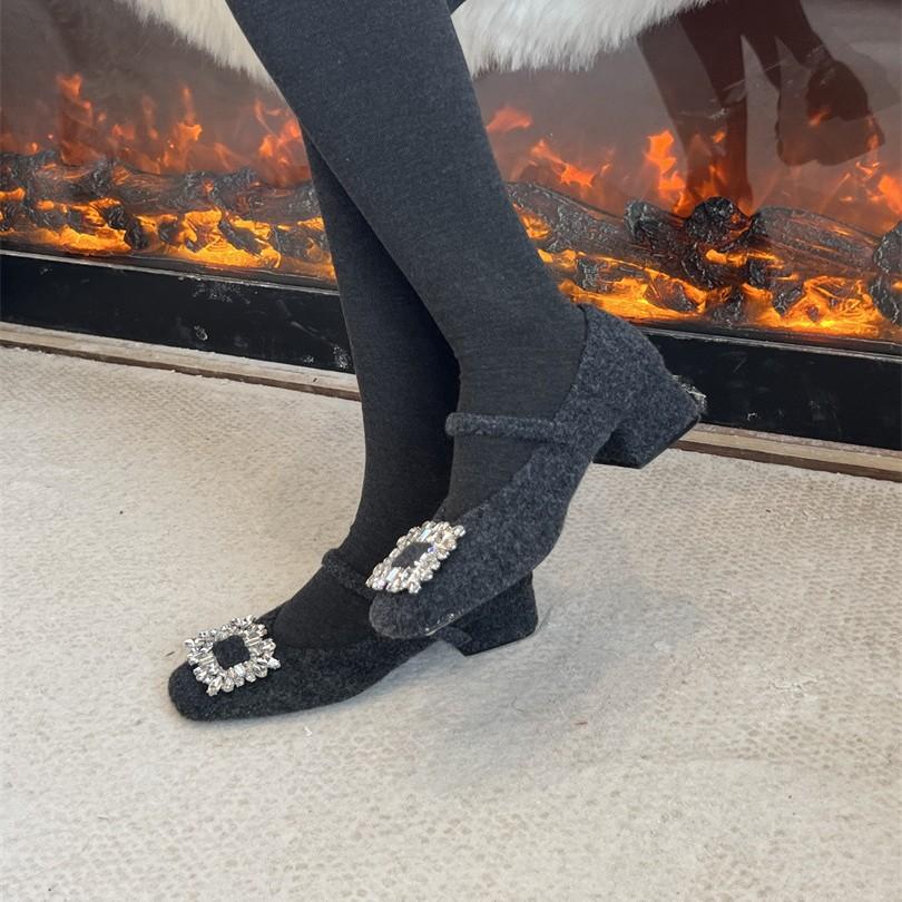 2025 autumn and winter new rhinestone square buckle thick heel versatile temperament single shoes gentle laden shoes French Mary Jane shoes women