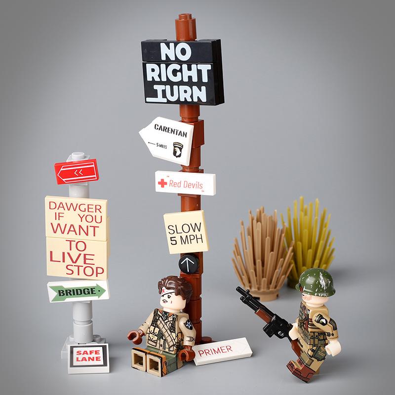 Military War Soviet German Soldiers Miniature Road Signs Map Printing Small Particles Assembled Building Block Toys