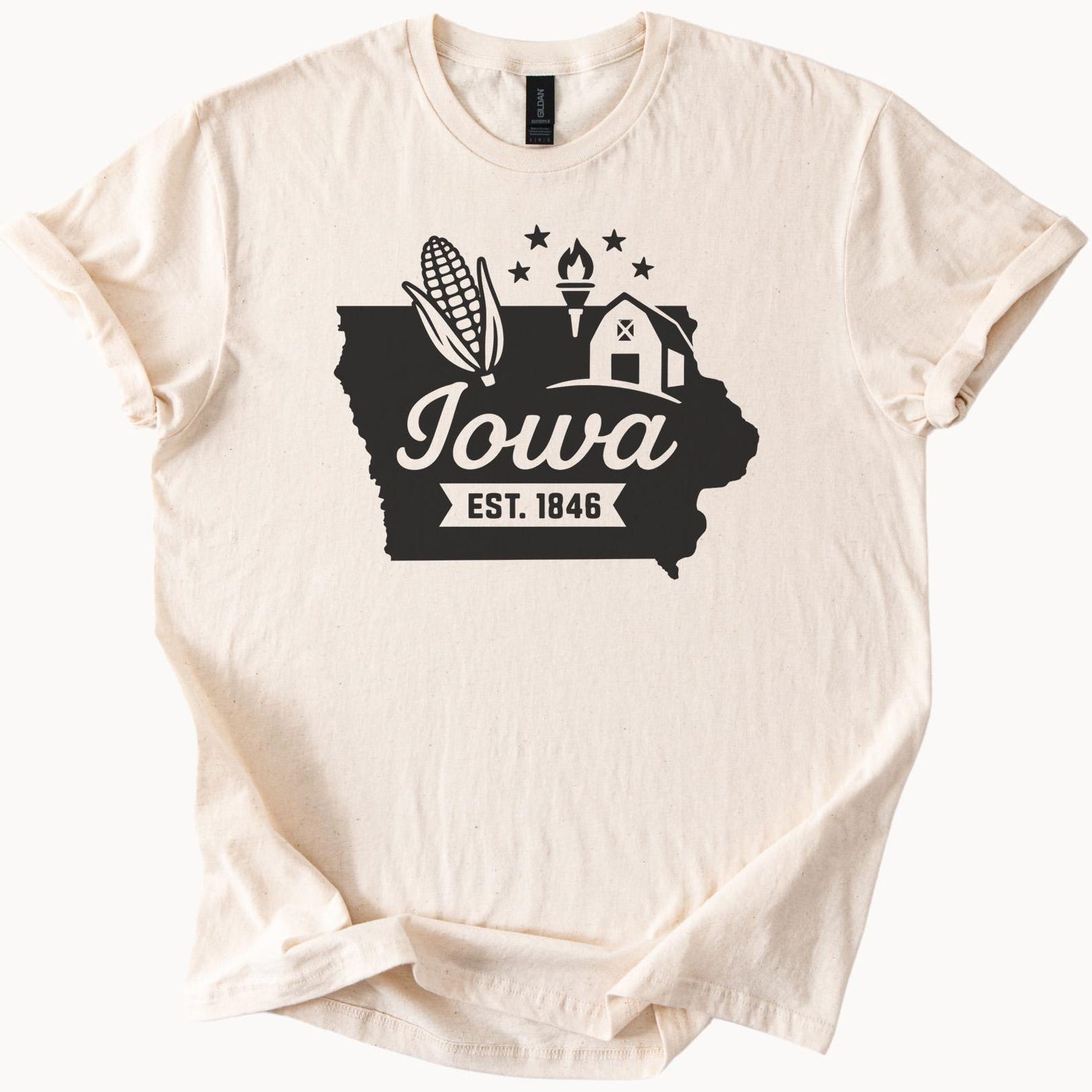 Iowa State Graphic T Shirt Est 1846 Corn Barn Torch Farm Silhouette Midwest Souvenir Shirt Iowa Map Outline State Pride Apparel 100