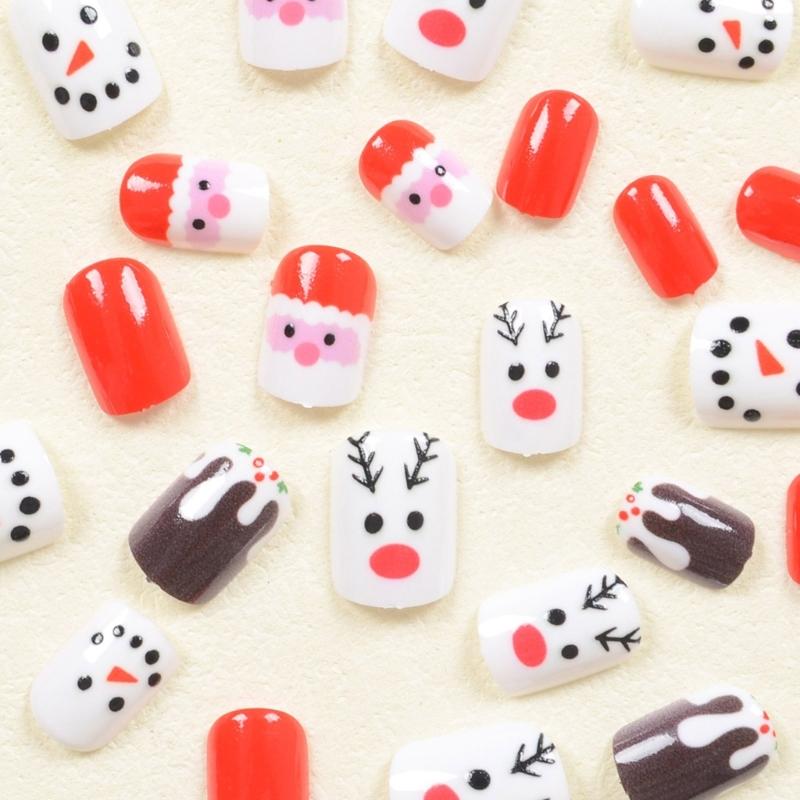 Christmas Press On Nail Snowman False Nail Santa Claus Acrylic Nail Lovely Elk Full Cover Stick on Nail for Woman