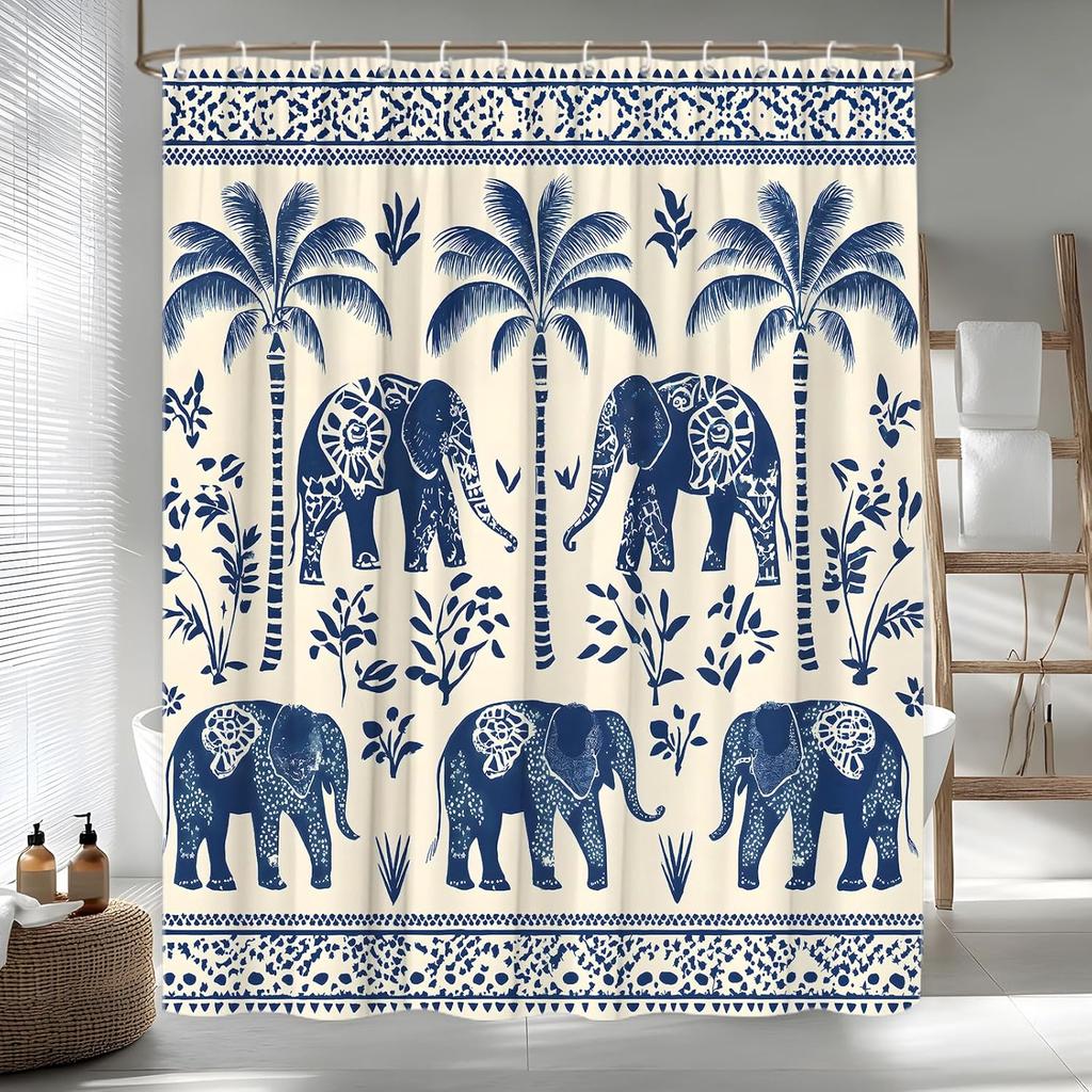 Boho Tropical Elephant Shower Curtain African Ethnic Indian Mandala Tribes Paisley Sacred Animal Unique Leaves Retro Aesthetic