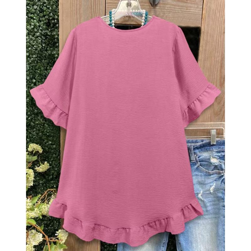 Plus Size Women's Ice Silk Pleated Ruffle Top with Flare Sleeves and Round Neck.
