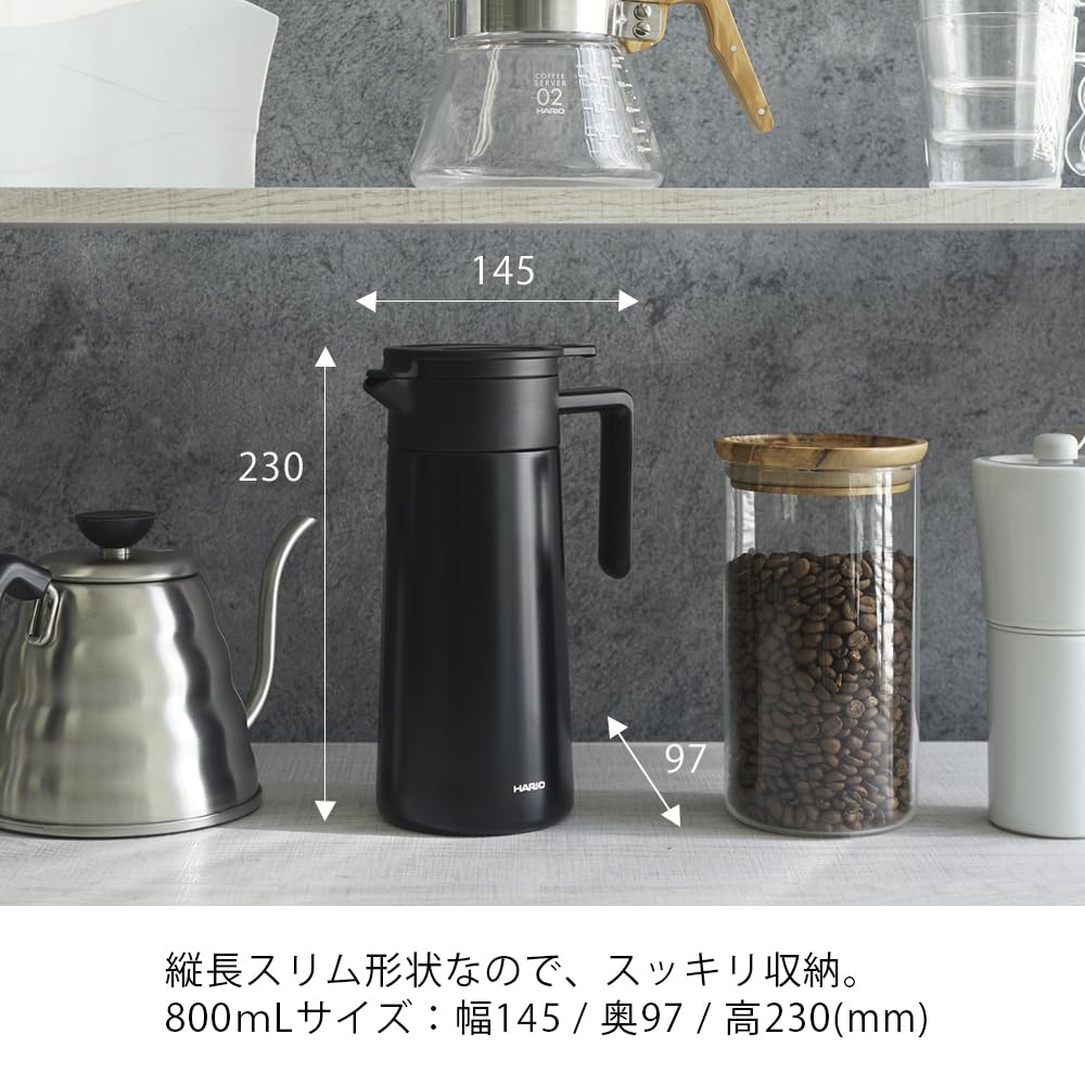 HARIO Isolierkrug für Kaffee 800ml Keramikbeschichtet Vakuumisoliert doppelwandig, Fassungsvermögen, Schwarz, CHP-800-B