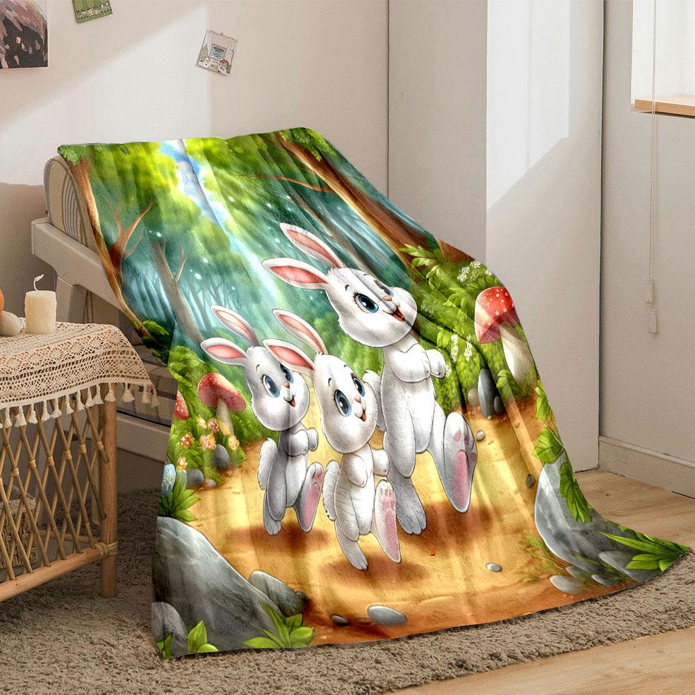Cute Cartoon Bunnies In Enchanted Forest Print Blanket Soft and Cozy Perfect for the Living Room Bed Sofa or a Nap,gift
