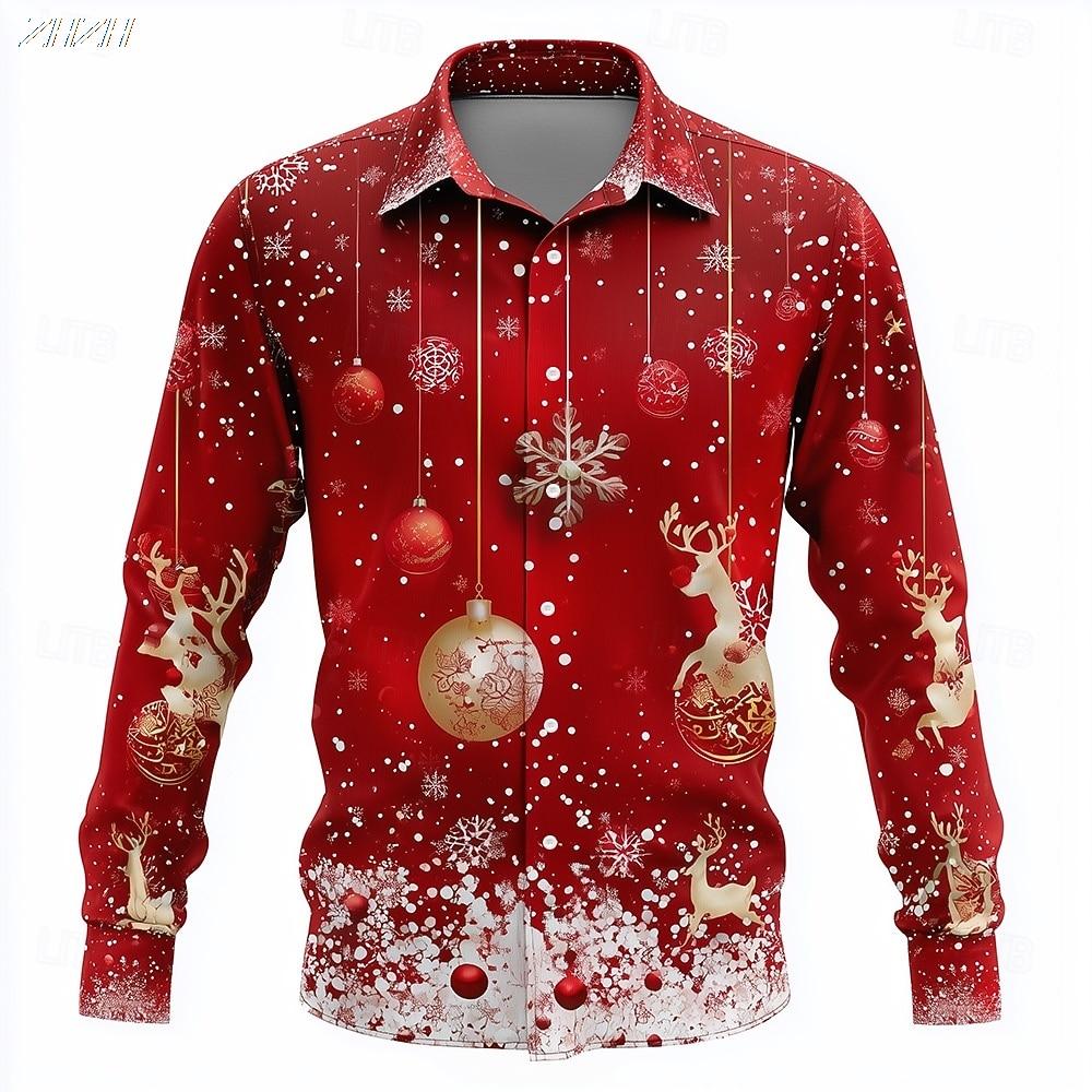 Men's Christmas Santa Reindeer Shirt 3D Print Baubles Design Funny Button Up Collared Holiday Long Sleeve Tops