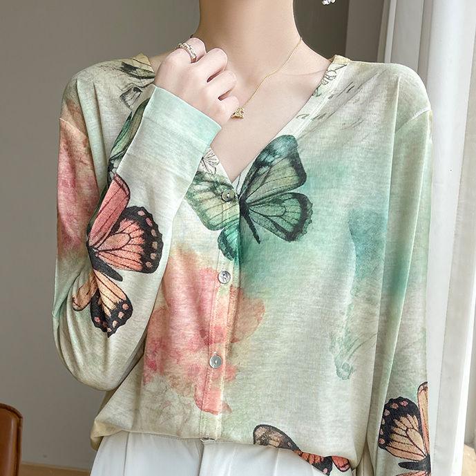 Cardigan subțire de damă Primăvară Vară Cardigan tricotat cu imprimeu mătase Jachetă Mânecă lungă Larg Top tricotat cu protecție solară