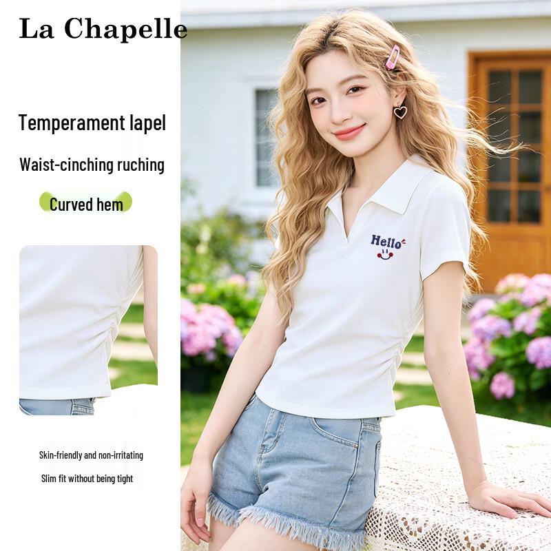 La Chapelle Women's Slim-Fit Polo T-Shirt with Ruched Detail
