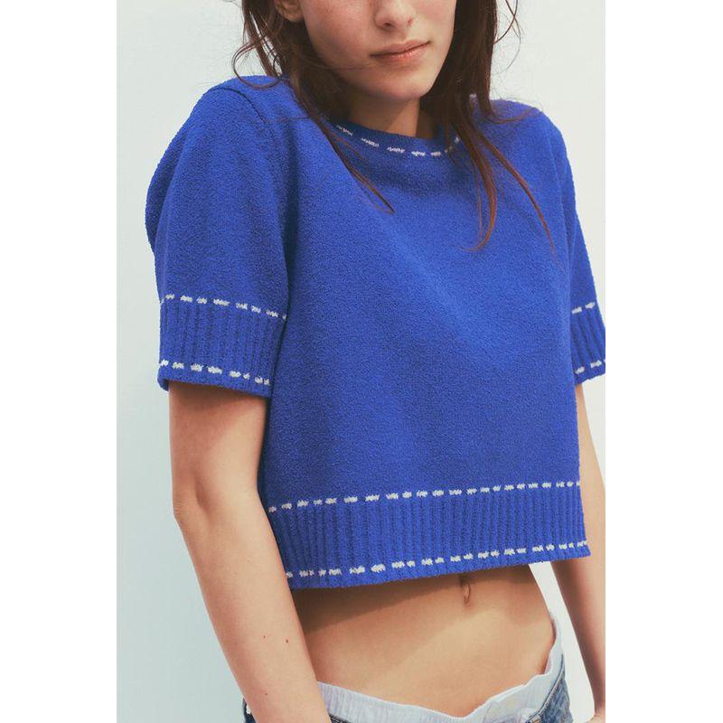 Summer Women's Clothing Contrast Color Thread Decoration Easiest for Match Minimalist Fashion Short Sleeve round Neck Knitwear 3920337